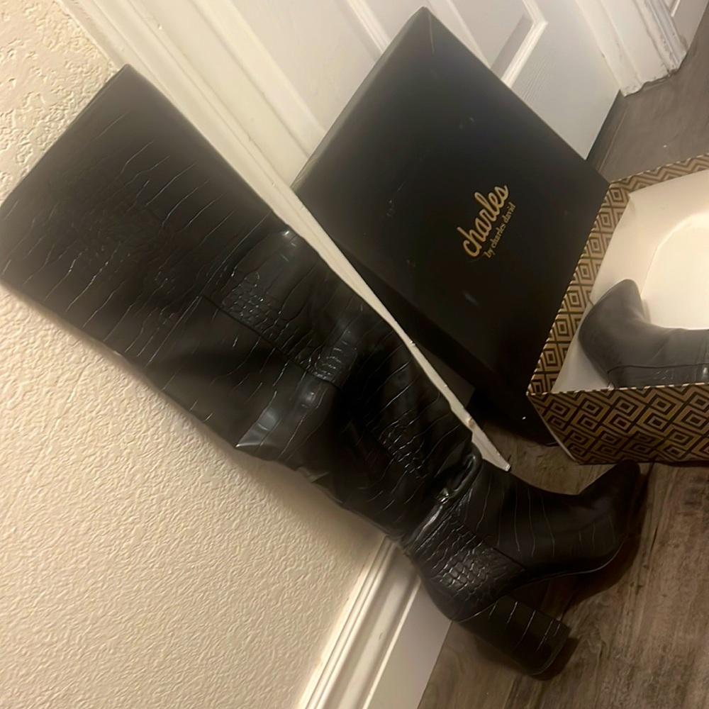 Black over the knee boots block heel.